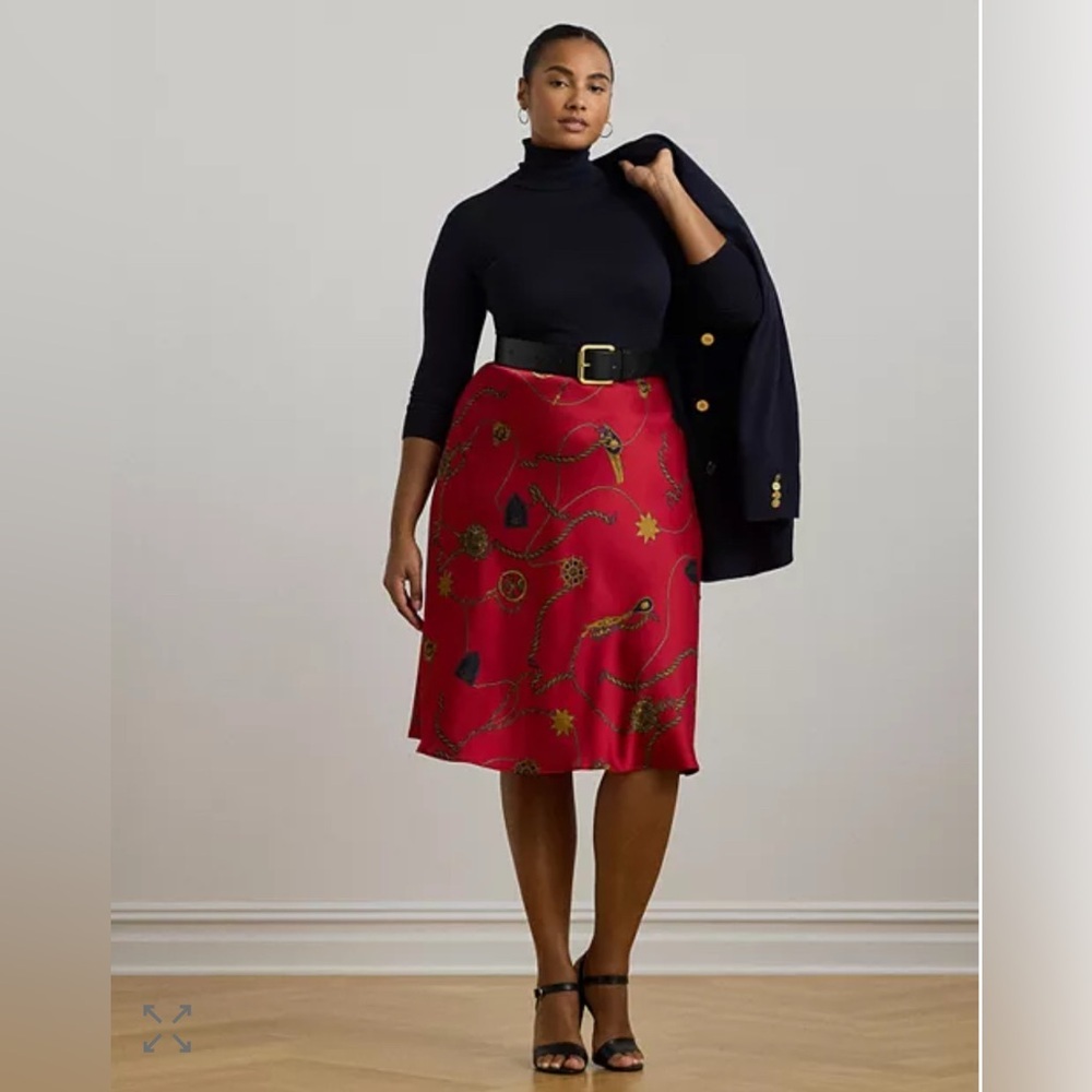 NWT Lauren Ralph Lauren Belting-Print Satin
Charmeuse Midi Skirt Red  Size 20W